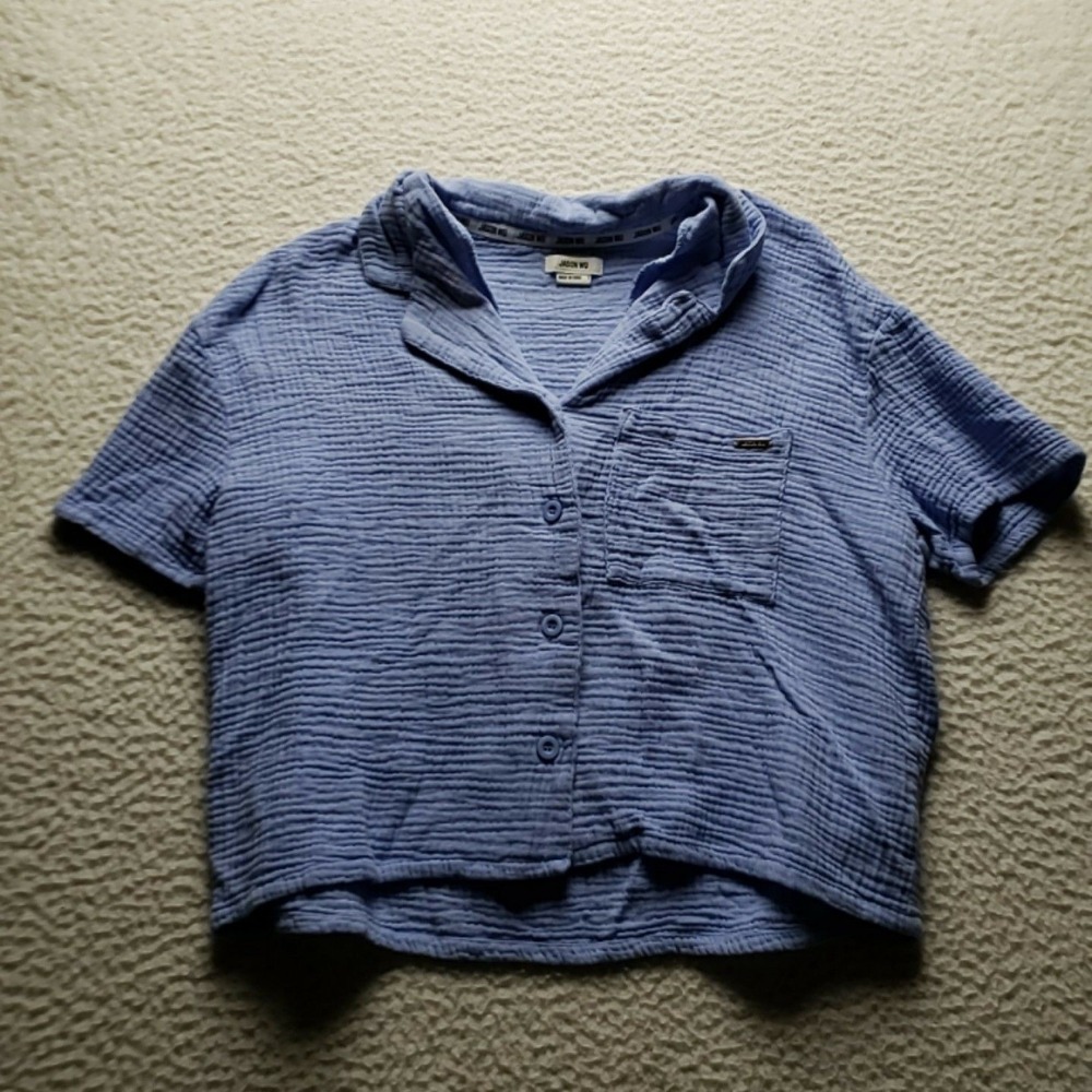Jason Wu Shirt Womens S Blue 100% Cotton Crinkle Button Up Cropped Short Sleeve